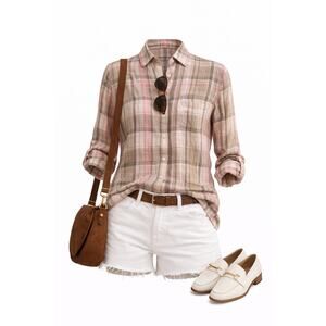 Lauren Ralph Lauren Linen Plaid Button Shirt Pink Tan Large Breathable Preppy
